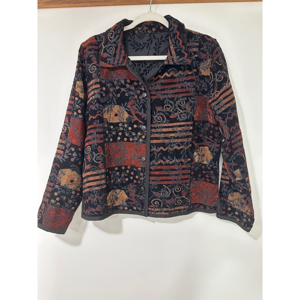 Vintage Reversible Tapestry Jacket Women L Multi Color Black Floral Boho Button